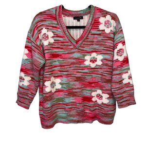 Suzanne Betro Womens 1X/2X Multicolor Striped V-Neck Sweater With Floral Pattern